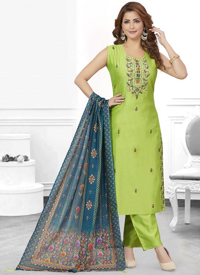 Pista Green Chanderi Silk Festival Wear Resham Work Readymade Salwar Suit